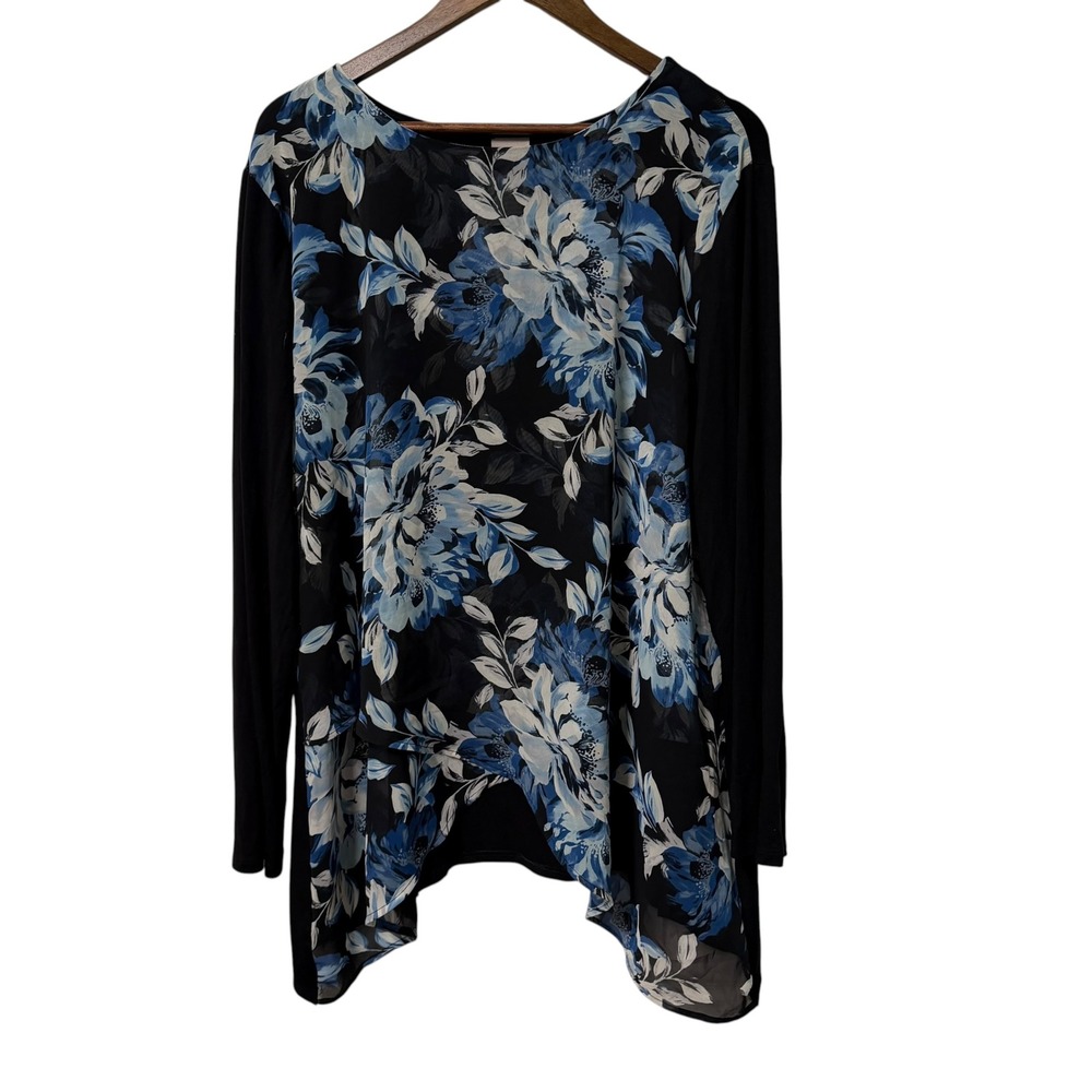 Chico's Tunic Top Women XXL 4 Floral Chiffon Overlay Mixed Media Sharkbite Hem